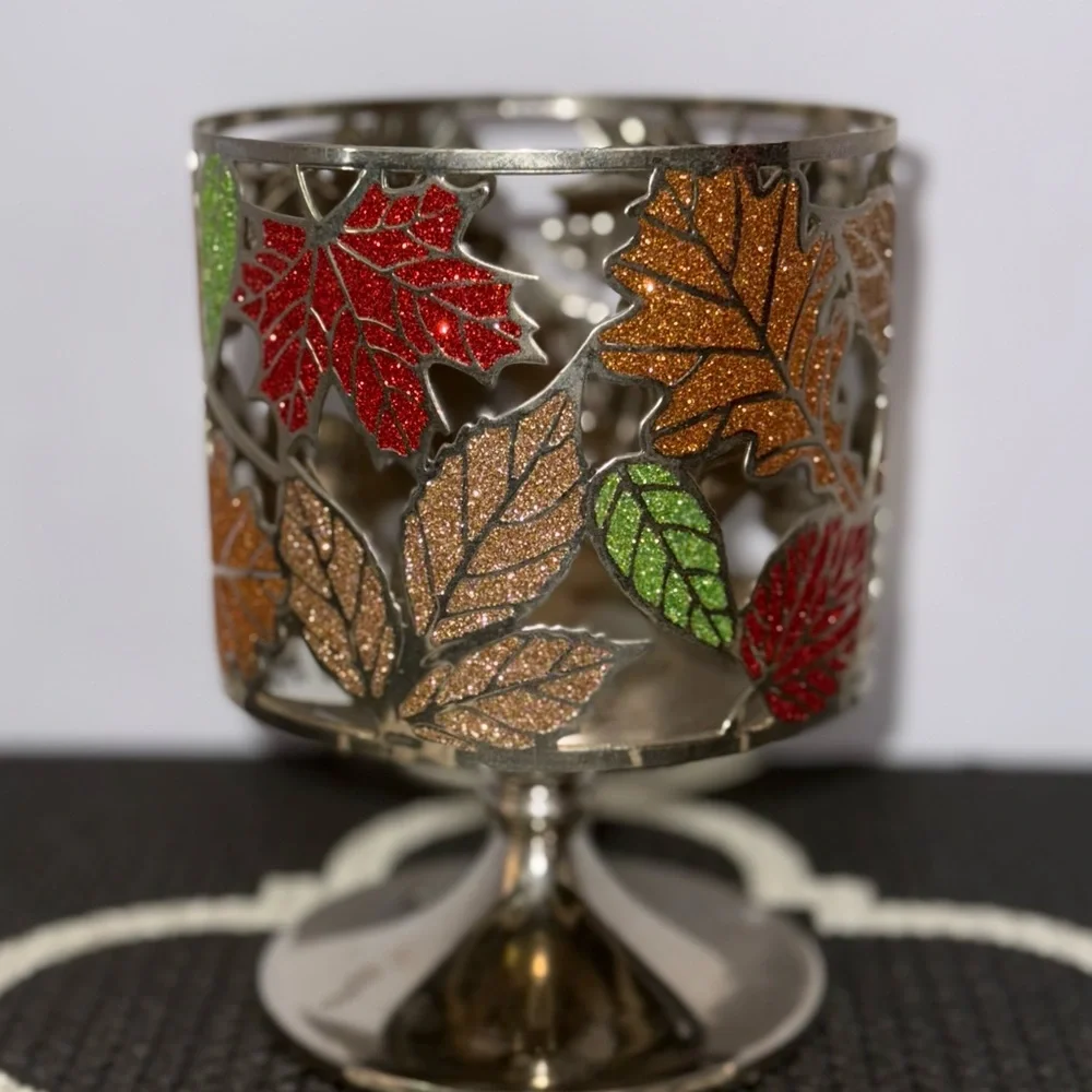 Bath & Body Works Retired Fall Leaves 3 Wick Candle Holder Sparkle Home Decor - Picture 5 of 7